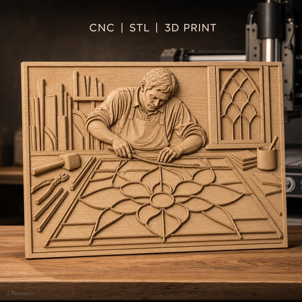 Fichier CNC & impression 3D artisan créant vitrail fleur, atelier et outils, haute qualité relief STL