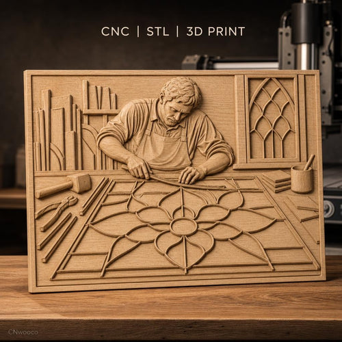 Fichier CNC & impression 3D artisan créant vitrail fleur, atelier et outils, haute qualité relief STL
