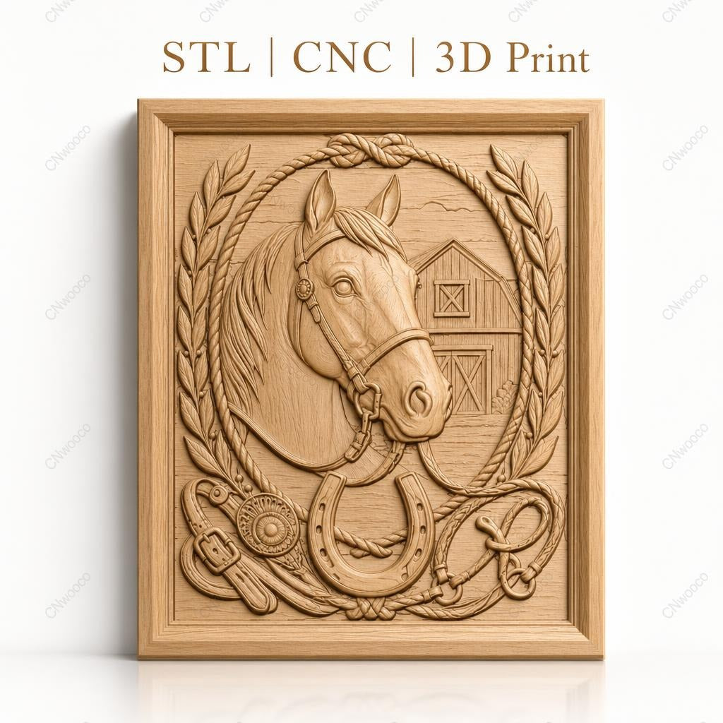 Fichier CNC & impression 3D cheval, fer à cheval, écurie, relief style western haute qualité relief STL