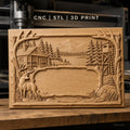 Fichier CNC & impression 3D paysage de nature avec cerf, cabine en bois et tour de guet, haute qualité relief STL