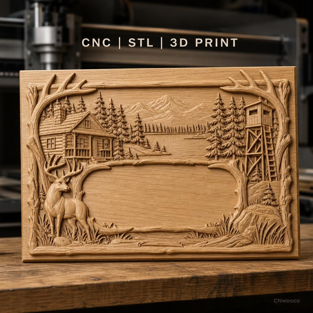 Fichier CNC & impression 3D paysage de nature avec cerf, cabine en bois et tour de guet, haute qualité relief STL
