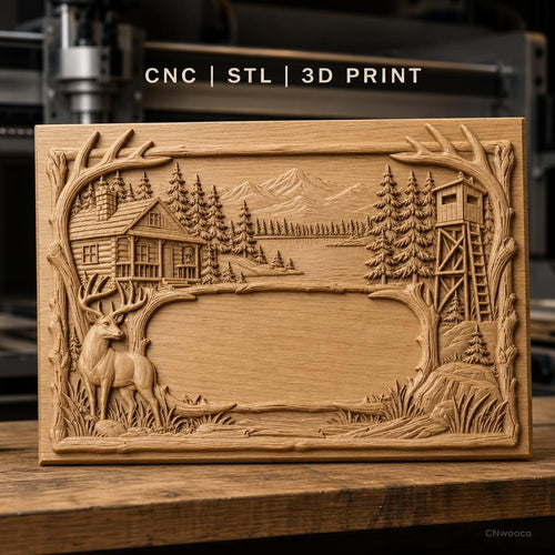 Fichier CNC & impression 3D paysage de nature avec cerf, cabine en bois et tour de guet, haute qualité relief STL