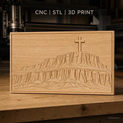 Fichier CNC & impression 3D montagne plateau croix christianisme, paysage relief hautes falaises, haute qualité relief STL