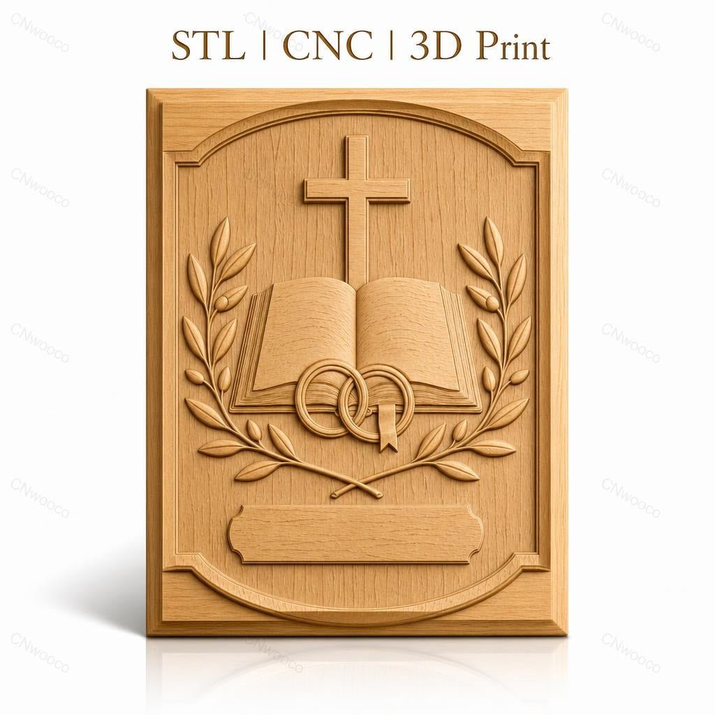 Fichier CNC & impression 3D thème mariage, croix, livre ouvert, anneaux, branches d'olivier, haute qualité relief STL