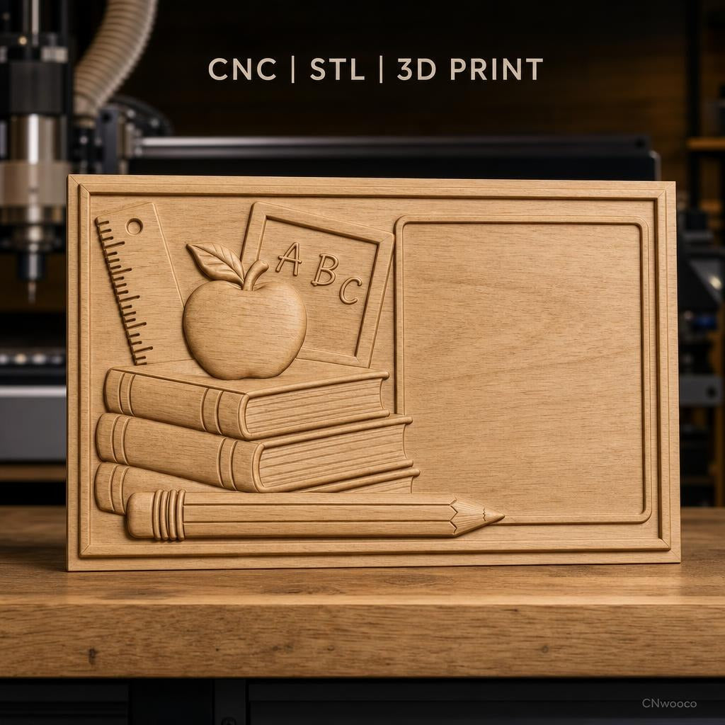 Fichier CNC & impression 3D thème école, pomme, livres, règle, crayon, tableau, haute qualité relief STL