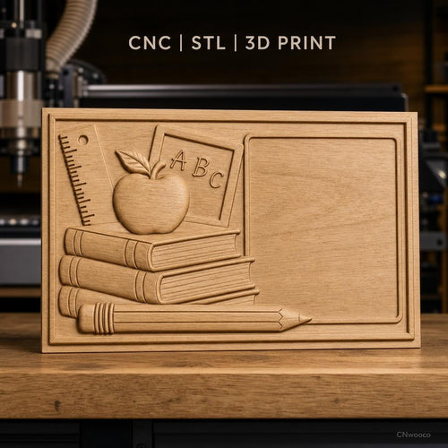 Fichier CNC & impression 3D thème école, pomme, livres, règle, crayon, tableau, haute qualité relief STL