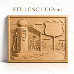 Fichier CNC & impression 3D station essence vintage, route désert cactus, haute qualité relief STL