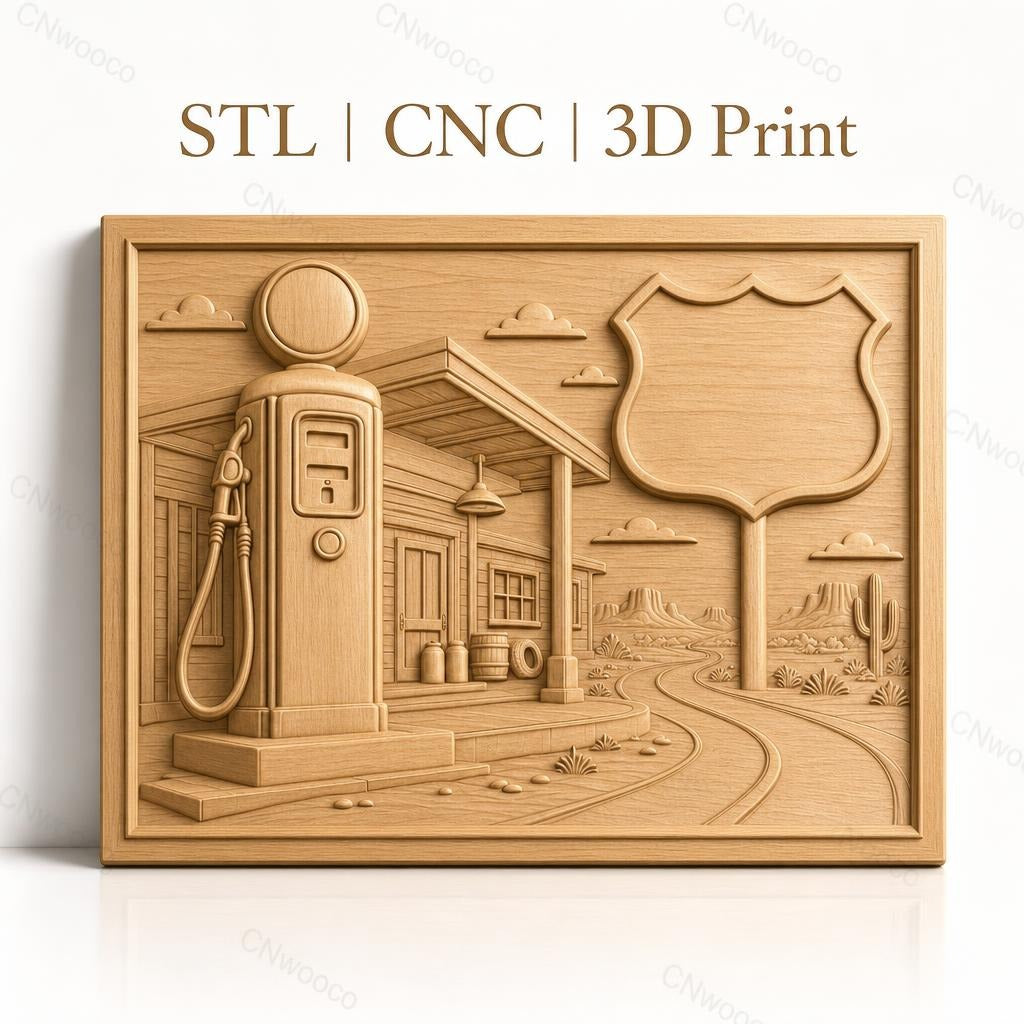 Fichier CNC & impression 3D station essence vintage, route désert cactus, haute qualité relief STL