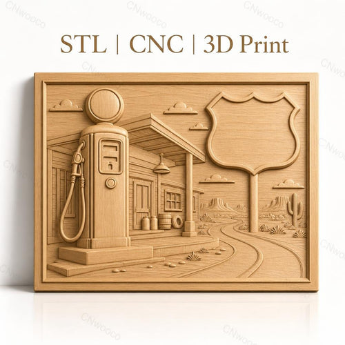 Fichier CNC & impression 3D station essence vintage, route désert cactus, haute qualité relief STL