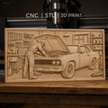 Fichier CNC & impression 3D réparation voiture ancienne, mécanicien dans garage, outils et voiture muscle car, haute qualité relief STL