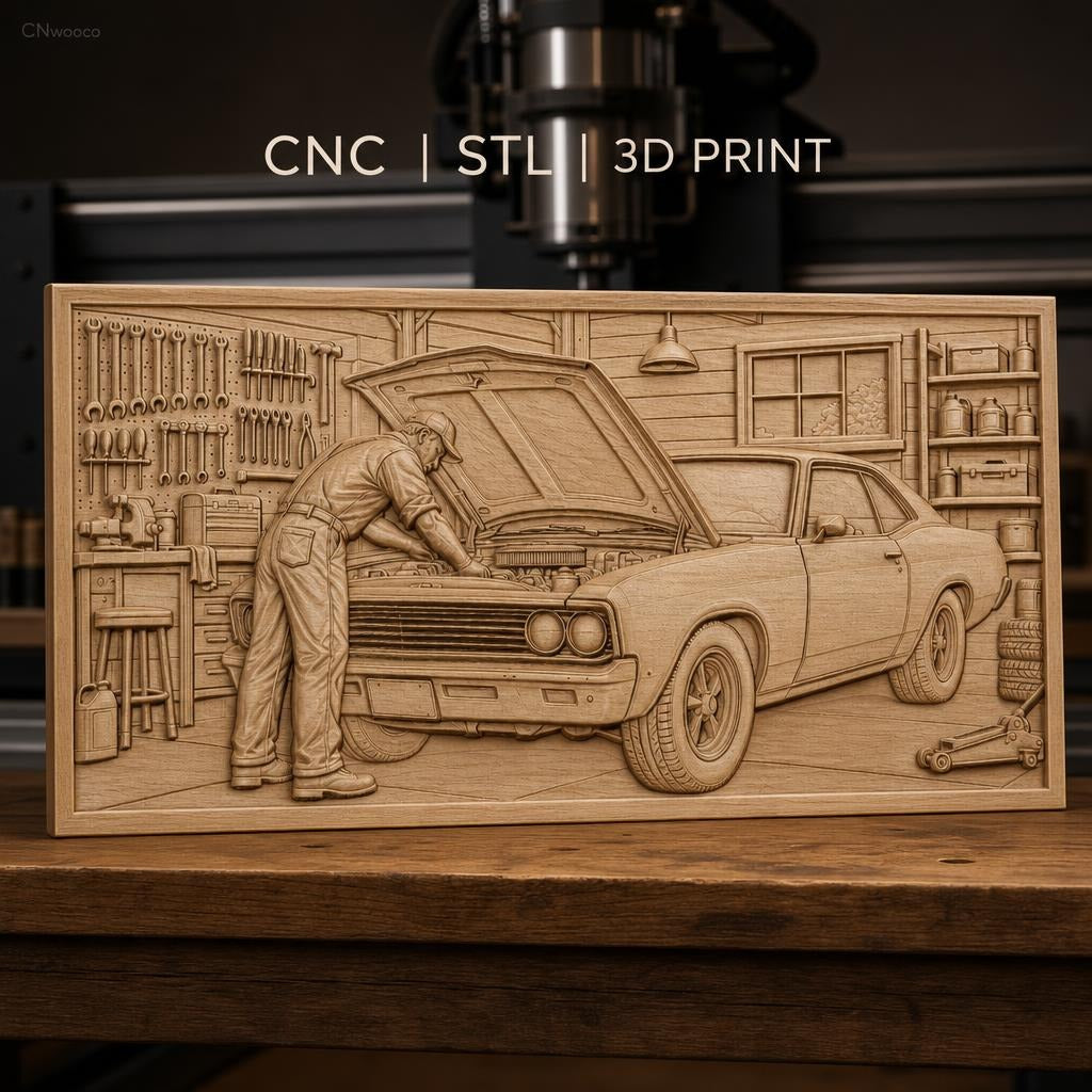 Fichier CNC & impression 3D réparation voiture ancienne, mécanicien dans garage, outils et voiture muscle car, haute qualité relief STL