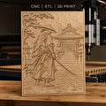 Fichier CNC & impression 3D samouraï sous la pluie, temple japonais et sabre, haute qualité relief STL