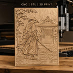 Fichier CNC & impression 3D samouraï sous la pluie, temple japonais et sabre, haute qualité relief STL
