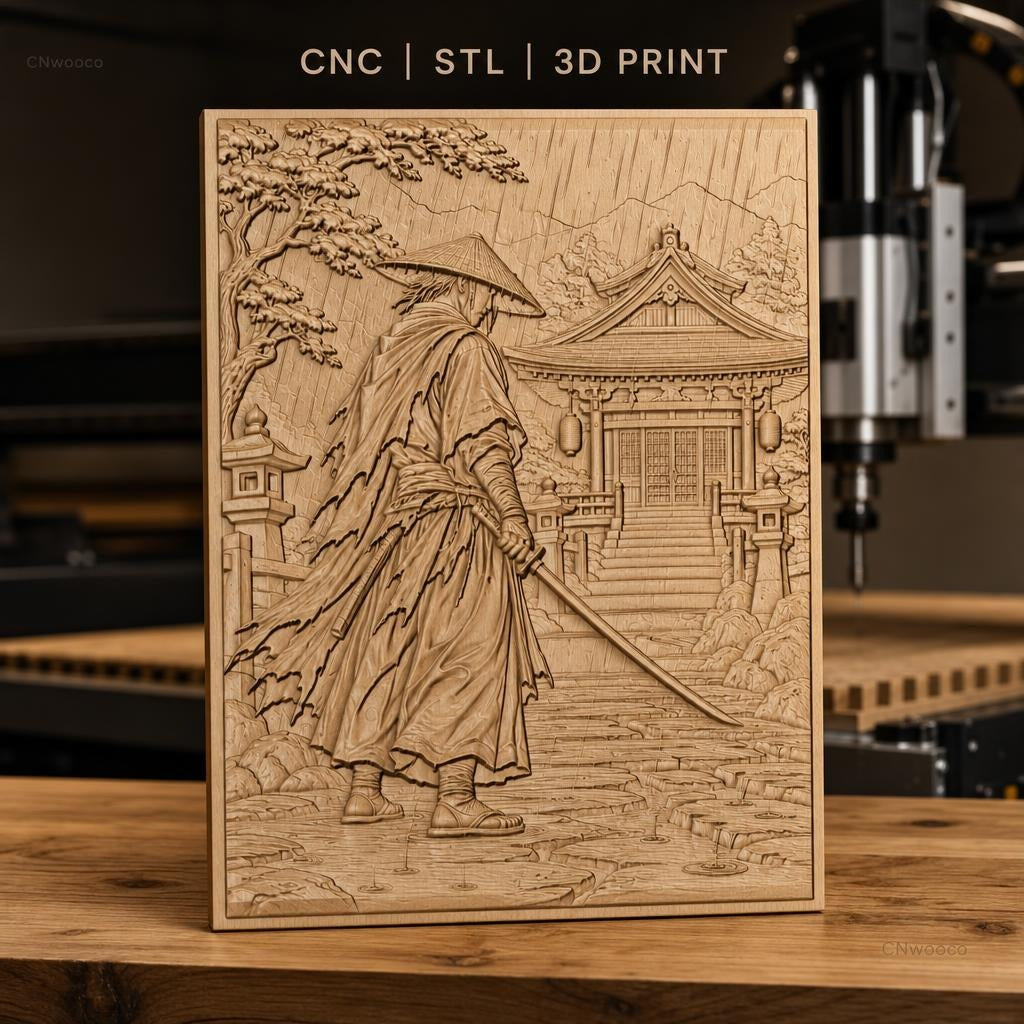 Fichier CNC & impression 3D samouraï sous la pluie, temple japonais et sabre, haute qualité relief STL