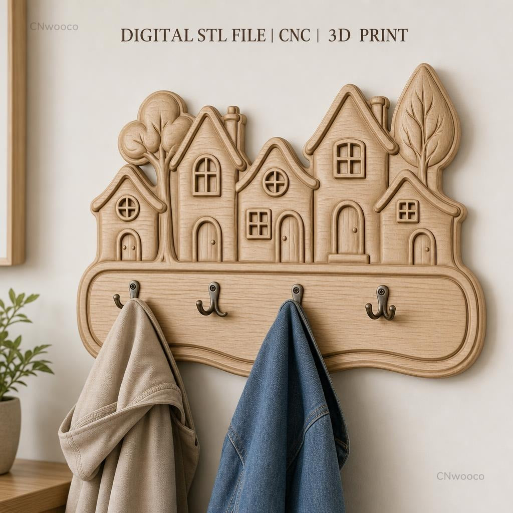 Fichier CNC & impression 3D plaque décorative village avec maisons et arbres, STL très haute qualité