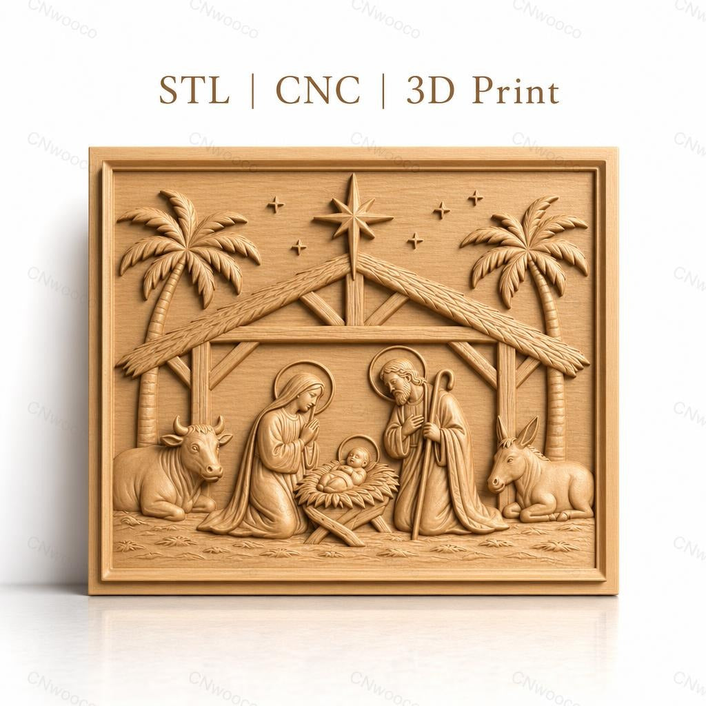 Fichier CNC & impression 3D Nativité, crèche avec Marie Joseph bébé Jésus et animaux, haute qualité relief STL