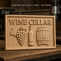 Fichier CNC & impression 3D Wine Cellar, grappes de raisin, bouteille de vin, tonneau, haute qualité relief STL