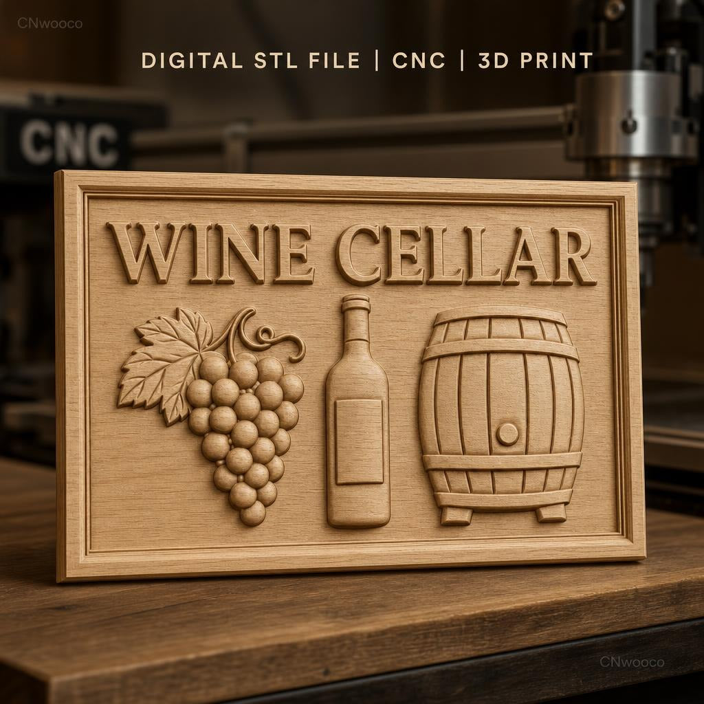 Fichier CNC & impression 3D Wine Cellar, grappes de raisin, bouteille de vin, tonneau, haute qualité relief STL