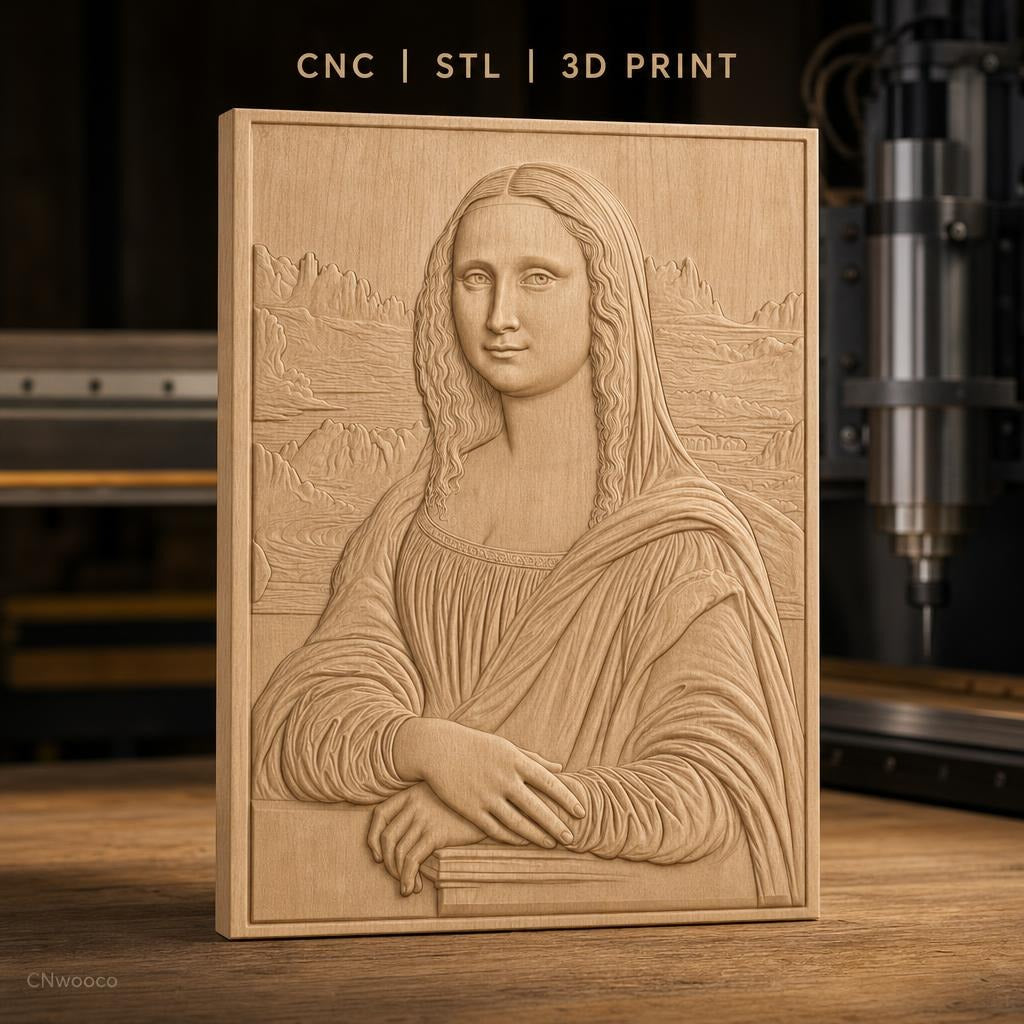 Fichier CNC & impression 3D Mona Lisa, portrait classique avec arrière-plan paysage, haute qualité relief STL