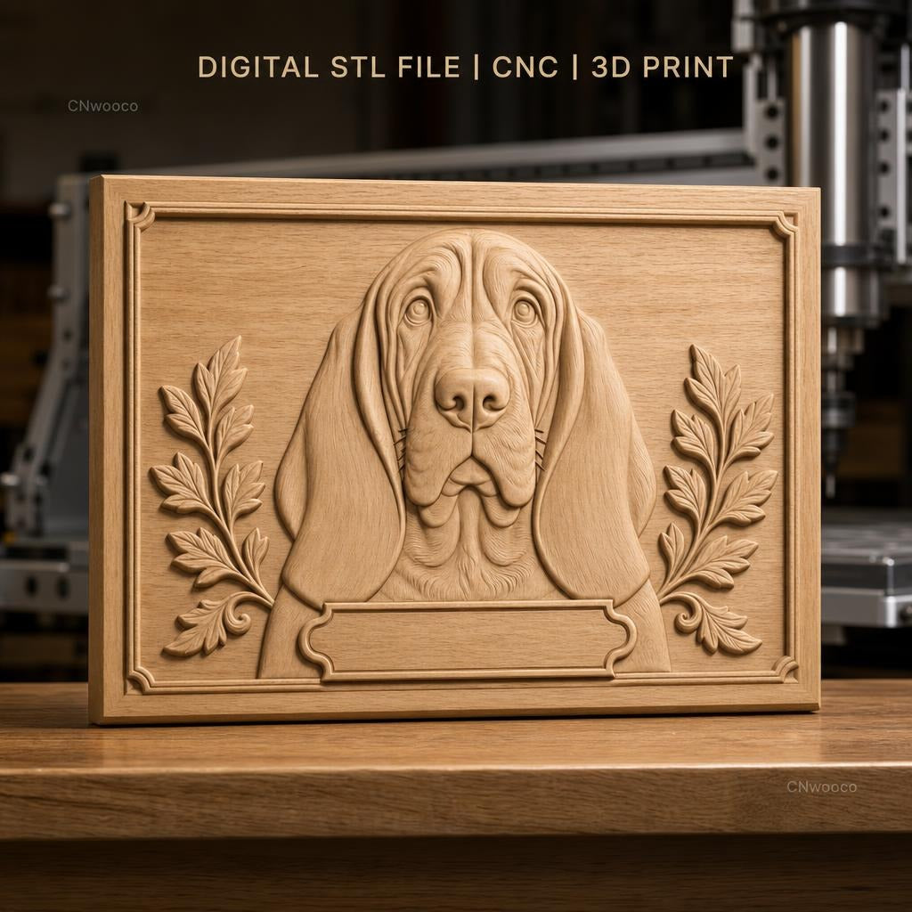 Fichier CNC & impression 3D Chien Basset, portrait en relief avec feuilles décoratives, haute qualité relief STL