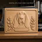 Fichier CNC & impression 3D Chien Basset, portrait en relief avec feuilles décoratives, haute qualité relief STL