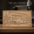 Fichier CNC & impression 3D ancienne camionnette devant garage désert cactus, haute qualité relief STL