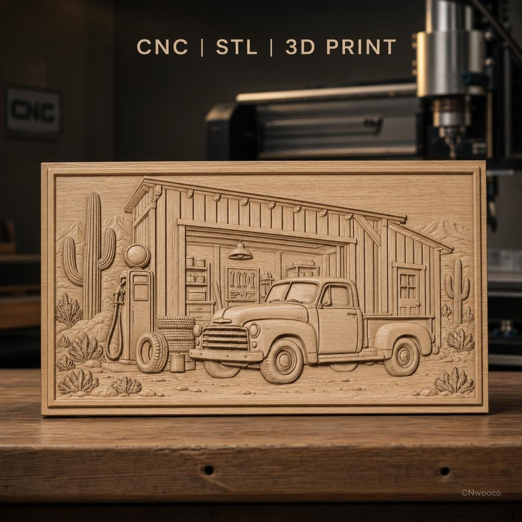 Fichier CNC & impression 3D ancienne camionnette devant garage désert cactus, haute qualité relief STL