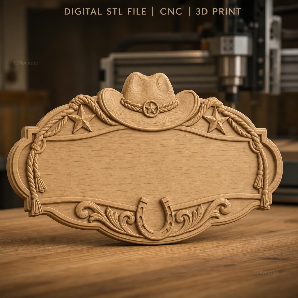 Fichier CNC & impression 3D enseigne western décorative avec chapeau et fer à cheval, STL très haute qualité