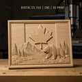 Fichier CNC & impression 3D drapeau Canada, ours, montagne, rivière, sapins, haute qualité relief STL