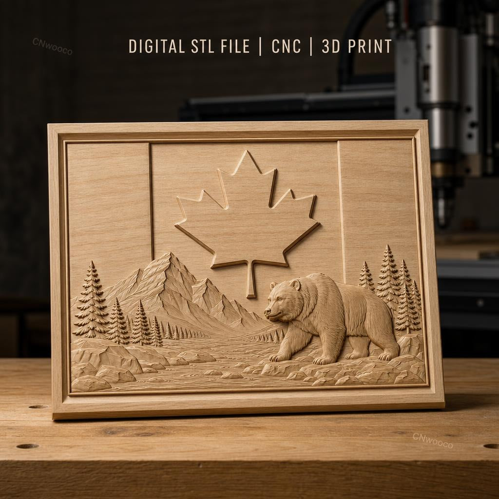 Fichier CNC & impression 3D drapeau Canada, ours, montagne, rivière, sapins, haute qualité relief STL