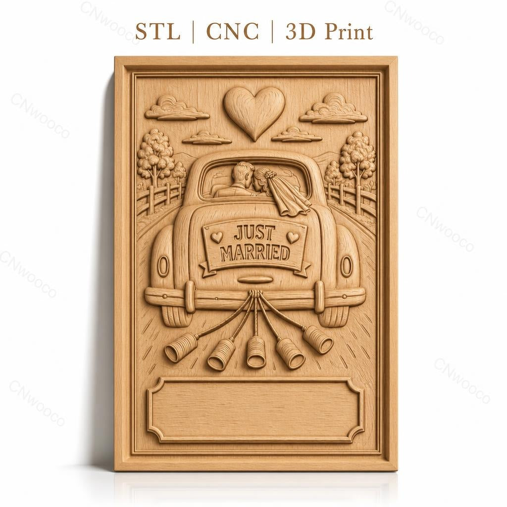 Fichier CNC & impression 3D mariage, voiture just married avec cloches, haute qualité relief STL