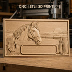 Fichier CNC & impression 3D cheval à la clôture, fer à cheval, corde et paysage, haute qualité relief STL