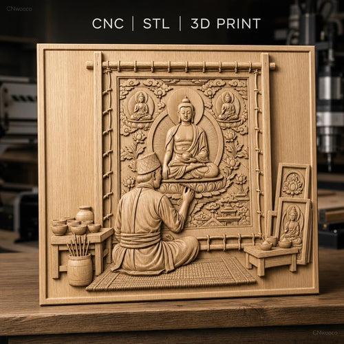 Fichier CNC & impression 3D art bouddhiste, peintre portrait Bouddha, haute qualité relief STL