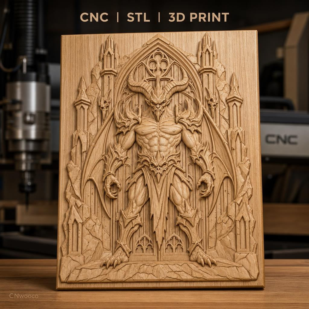 Fichier CNC & impression 3D démon démoniaque avec ailes et portail gothique, haute qualité relief STL