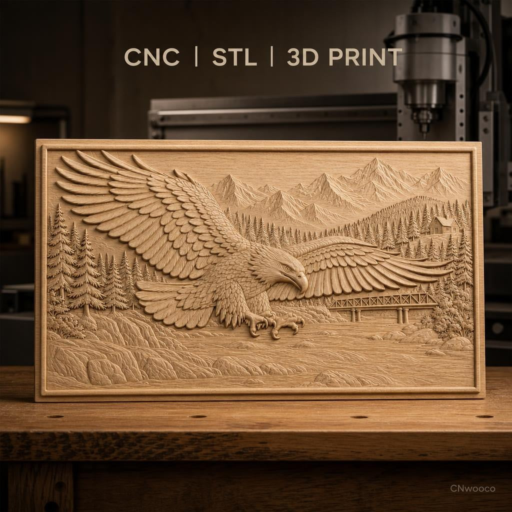 Fichier CNC & impression 3D aigle en vol, rivière, pont, montagne et forêt, haute qualité relief STL