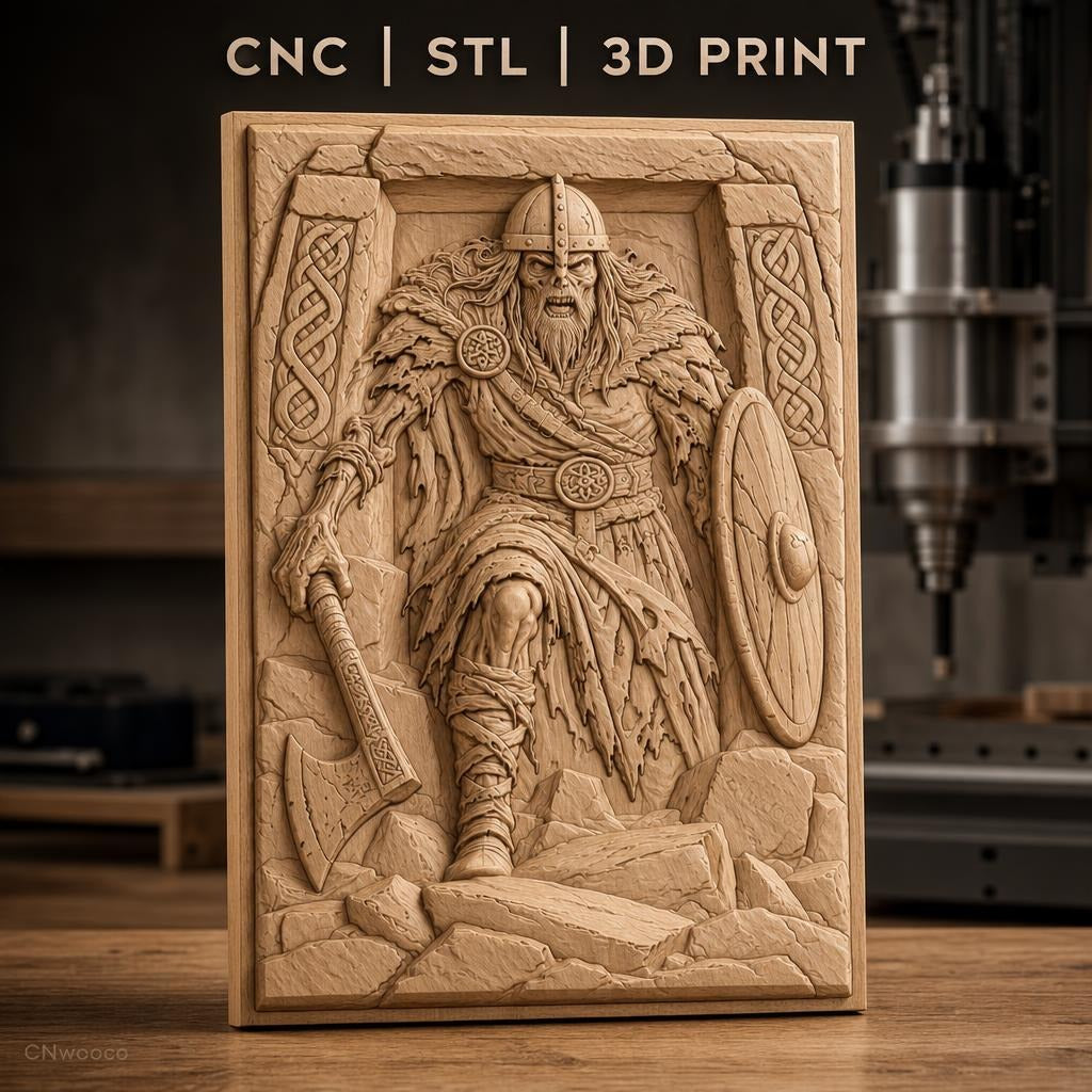 Fichier CNC & impression 3D Viking guerrier avec hache et bouclier, haute qualité relief STL