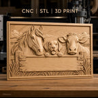 Fichier CNC & impression 3D animaux de la ferme, cheval chien vache panneau vide, haute qualité relief STL