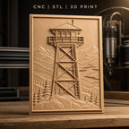 Fichier CNC & impression 3D tour de guet en bois, paysage montagne forêt arbre, haute qualité relief STL