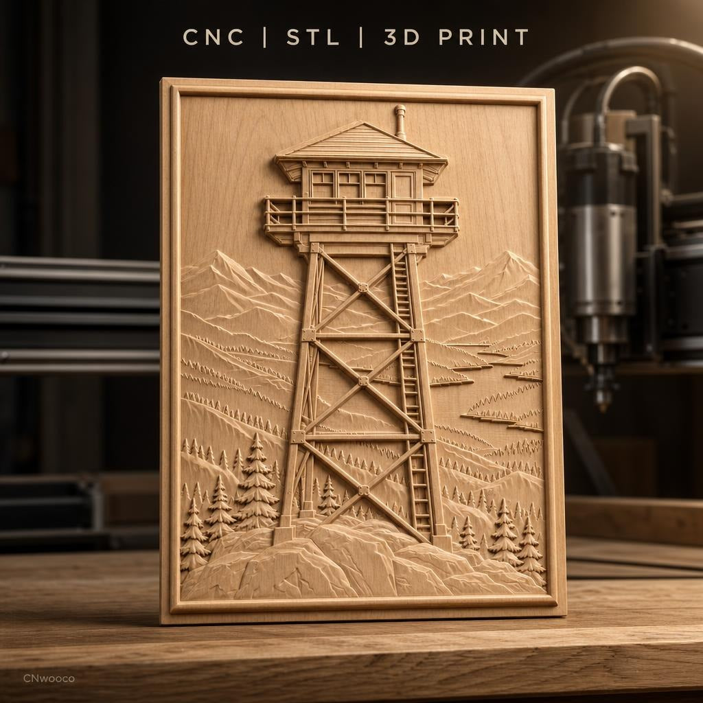 Fichier CNC & impression 3D tour de guet en bois, paysage montagne forêt arbre, haute qualité relief STL