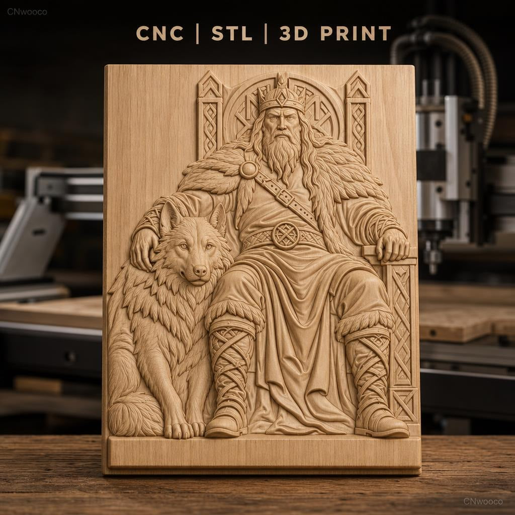 Fichier CNC & impression 3D roi viking sur trône avec loup, haute qualité relief STL