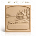 Fichier CNC & impression 3D chalet lac, ponton, arbres et rochers, haute qualité relief STL