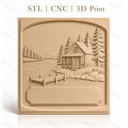 Fichier CNC & impression 3D chalet lac, ponton, arbres et rochers, haute qualité relief STL