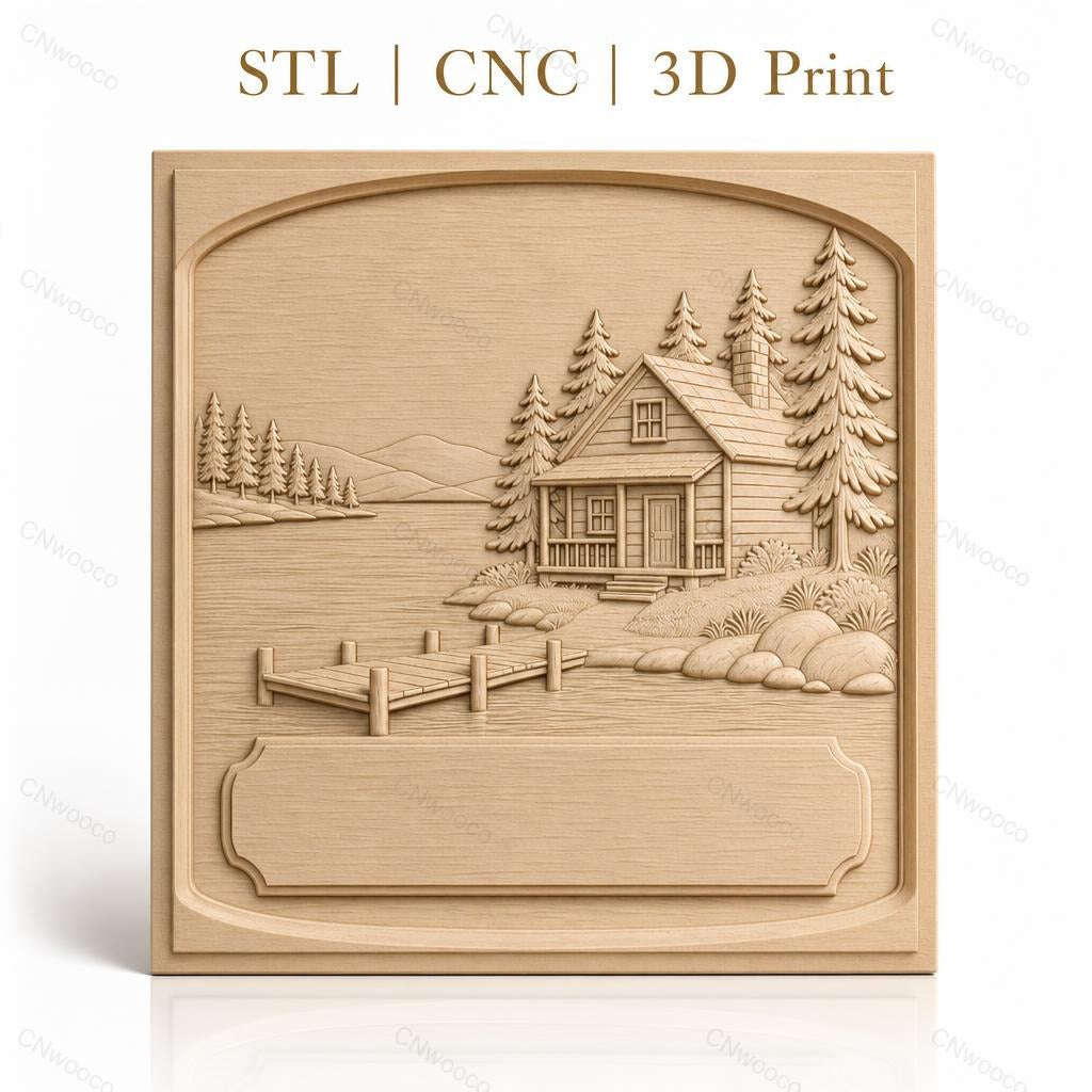 Fichier CNC & impression 3D chalet lac, ponton, arbres et rochers, haute qualité relief STL