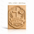 Fichier CNC & impression 3D Croix chrétienne, colombe de la paix, bannière Saved by Grace, feuillage, haute qualité relief STL
