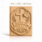 Fichier CNC & impression 3D Croix chrétienne, colombe de la paix, bannière Saved by Grace, feuillage, haute qualité relief STL