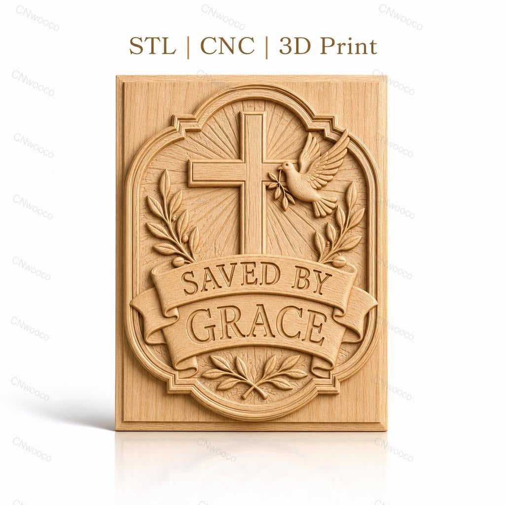 Fichier CNC & impression 3D Croix chrétienne, colombe de la paix, bannière Saved by Grace, feuillage, haute qualité relief STL