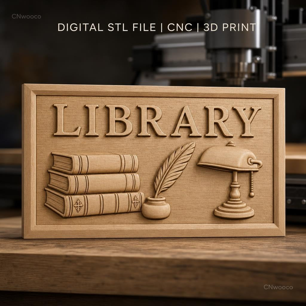 Fichier CNC & impression 3D bibliothèque, livres empilés, plume en encrier, lampe vintage, haute qualité relief STL