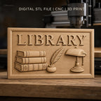 Fichier CNC & impression 3D bibliothèque, livres empilés, plume en encrier, lampe vintage, haute qualité relief STL