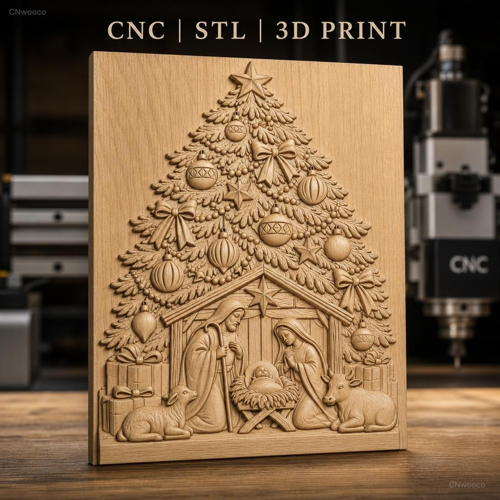 Fichier CNC & impression 3D scène de la Nativité, sapin de Noël et décorations, haute qualité relief STL