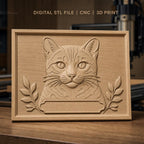 Fichier CNC & impression 3D chat avec feuillage cadre, haute qualité relief STL